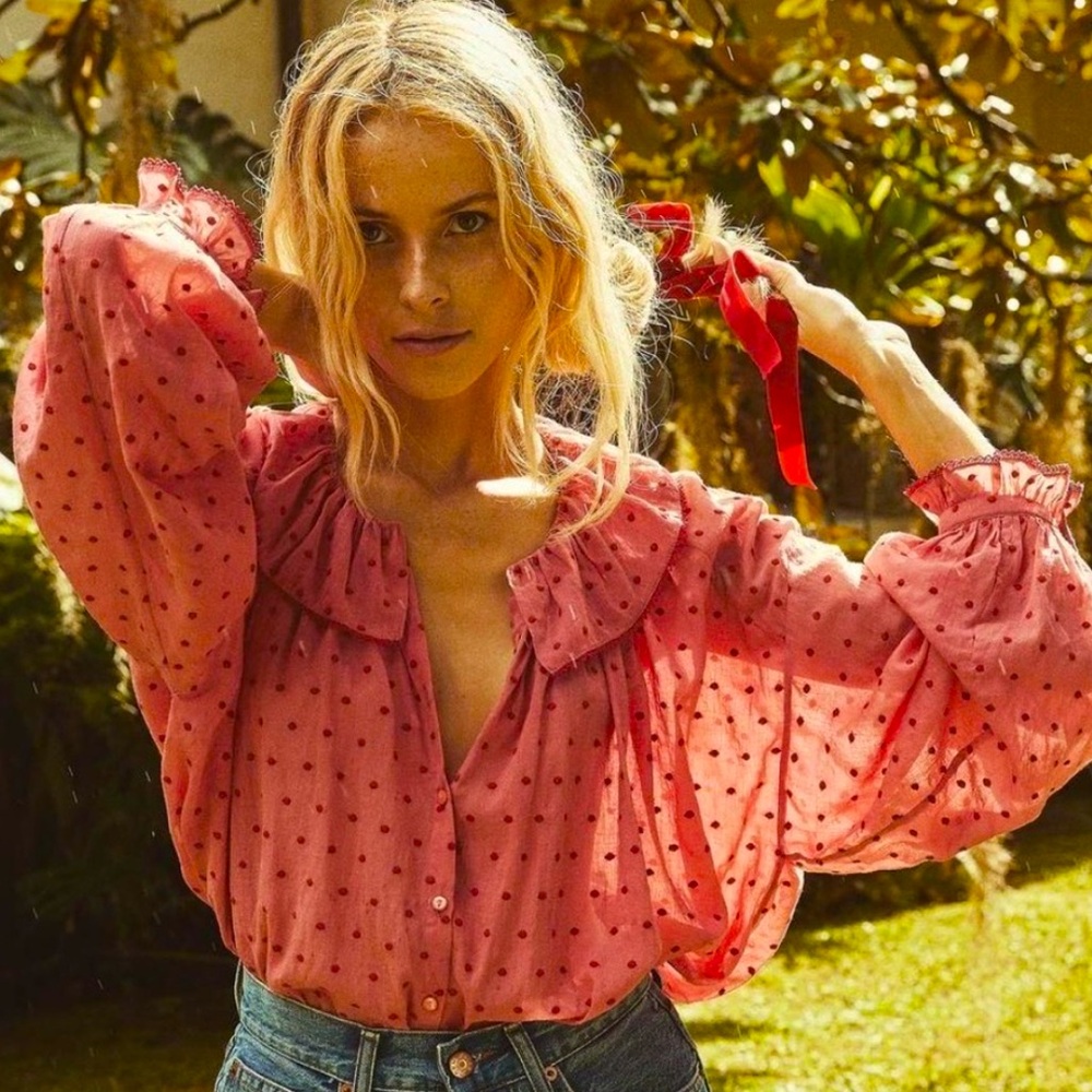 Doen Pink Puff Sleeve Blouse with Peter Pan Collar